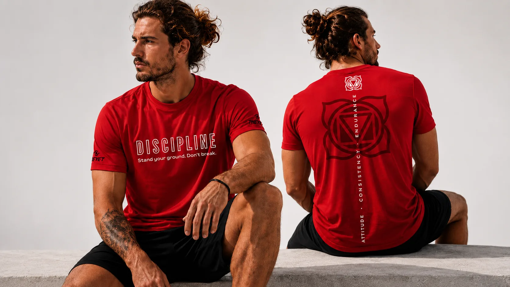 Colección Inner Virtues de THEYET con camiseta roja Discipline vista de frente y espalda.
