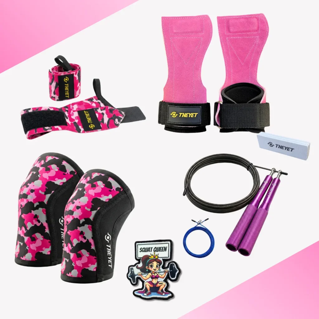 pack crossfit, Pack Pink Lover, rodillera 7mm rosa camo, muñequera elastica, parche iman, comba alta velocidad