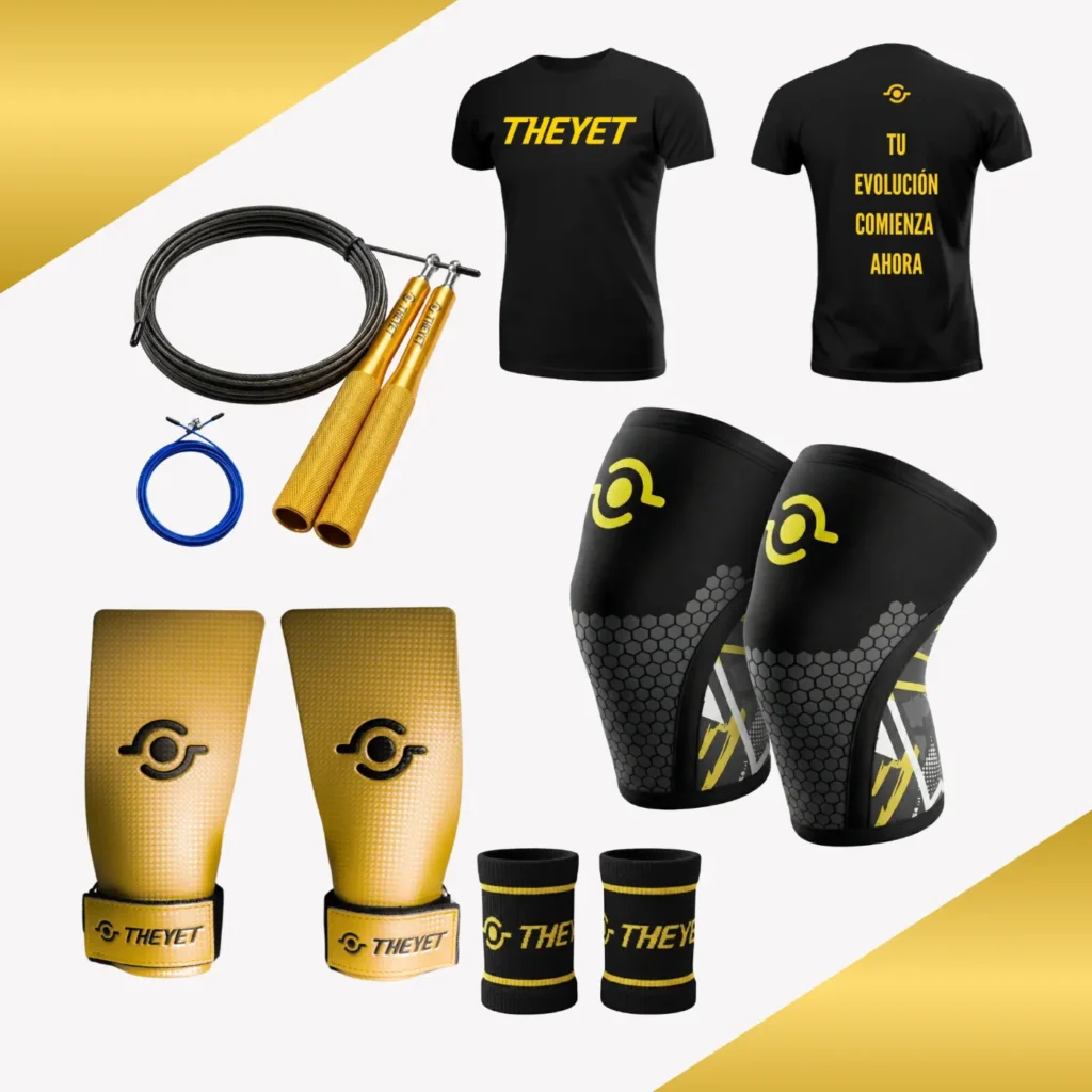 Pack completo de CrossFit: rodilleras de 7 mm, comba de velocidad,, muñequeras de algodon, calleras de carbono, camiseta